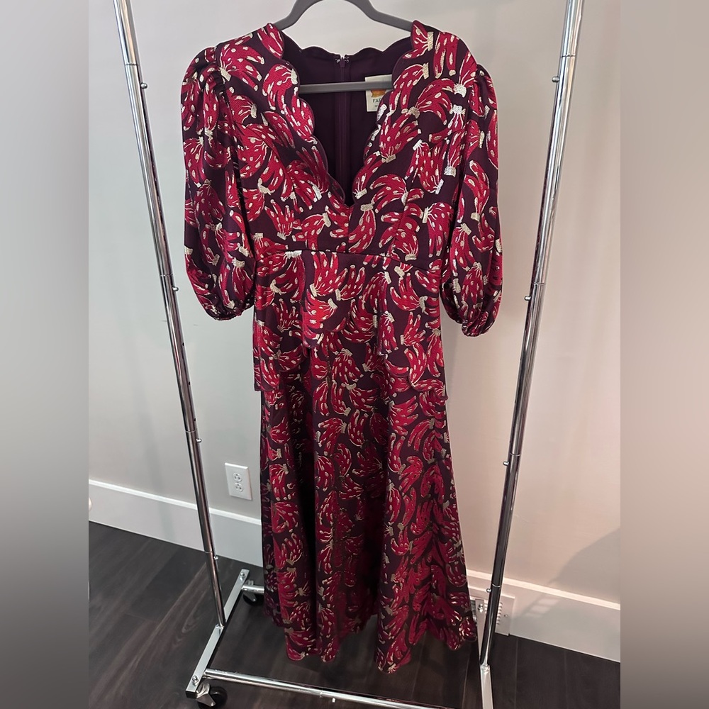 Farm Rio burgundy jacquard puff sleeve dress